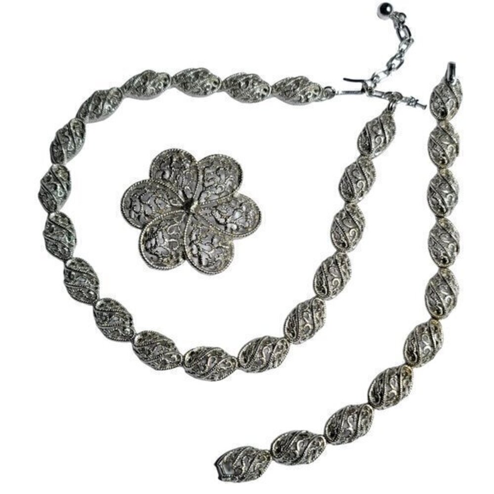 Vintage Trifari Necklace Bracelet Brooch Pin Silver Tone Set
